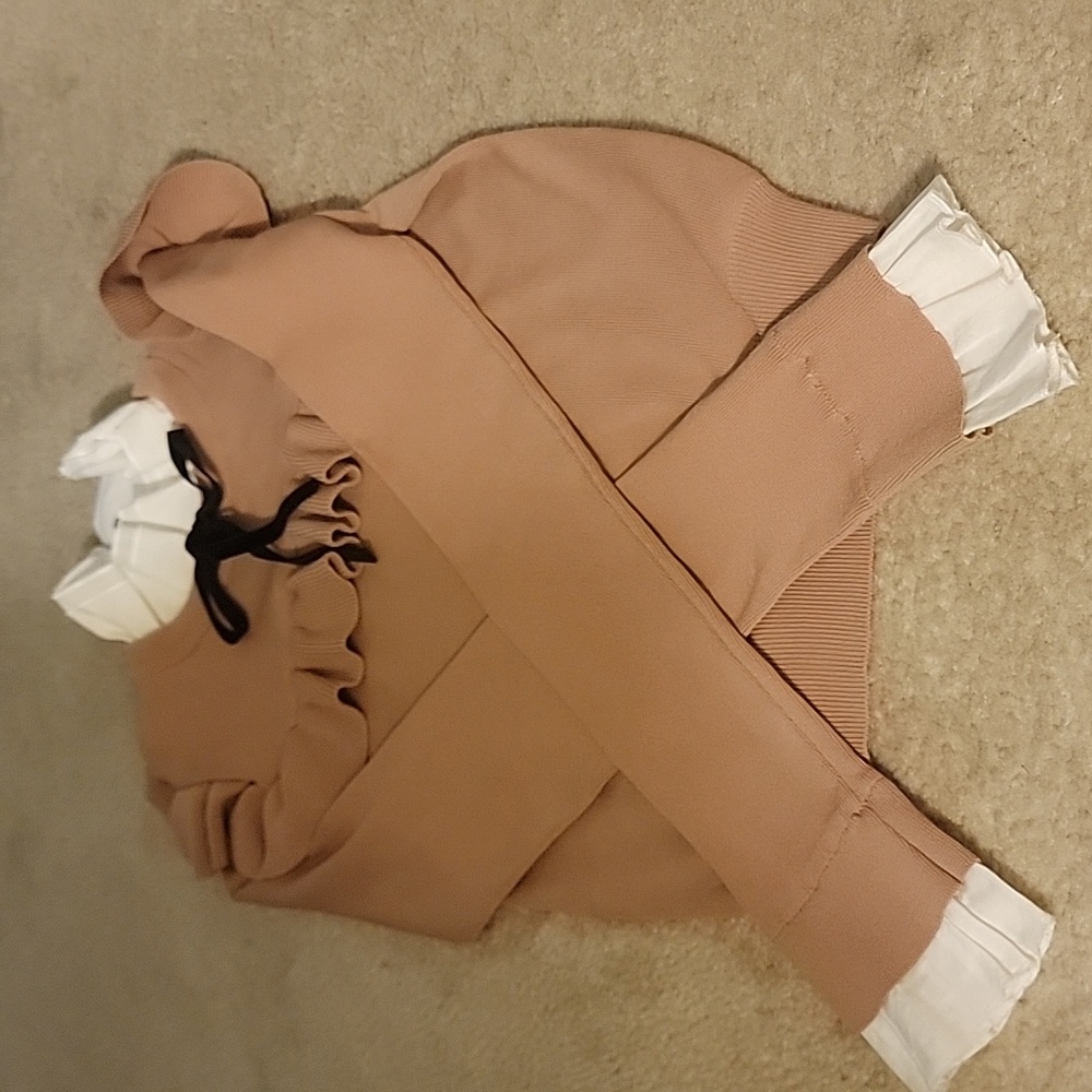 ZARA Brown Combination Ruffle Bow Tie Knit Sweater runs short